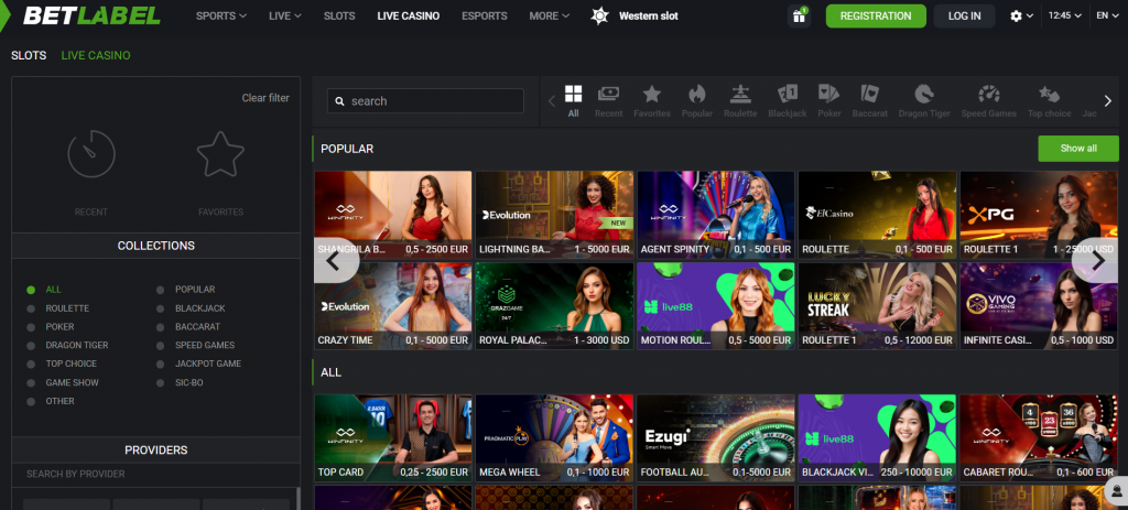 BetLabel Live Casino section